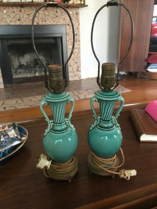 Vintage Green Glaze Ceramic Table Lamps Pair