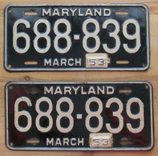 Maryland 1953 License Plate Pair - Quality 688 - 839