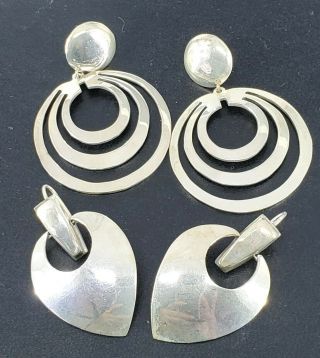 Vintage Taxco Mexico 925 Sterling Silver Modernist Pierced Long Earrings 2 Pairs