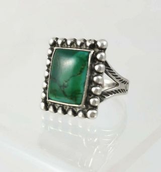 Vtg Navajo Rectangular Green Turquoise Old Pawn Beaded Sterling Silver 7.  5 Ring