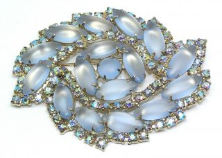 Vintage Large Brooch Frosted Blue Glass Navettes And Aurora Borealis Rhinestone
