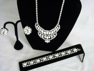 Vtg Weiss White Rhinestone Set Necklace,  Bracelet,  Clip - On Earrings Milkglass