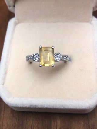 Vintage Emerald Cut Yellow Cubic Zirconia Sterling Silver Ring Size 6