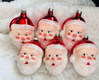 6 Vintage Hand Painted Glass Santa Claus Face Christmas Ornaments Mica 3 - 1/4 "