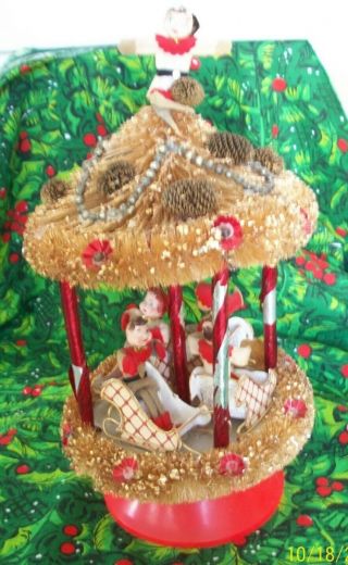 Vintage Christmas Musical Revolving Pixie Elf Merry Go Round Jingle Bells Japan