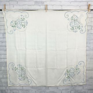 Vtg Stamped To Embroider Linen Tablecloth Floral Basket 37 " X 41 "