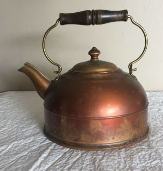 Vintage Revere Copper And Brass Tea Kettle With Red Wood Handle 1801 Revere Ware