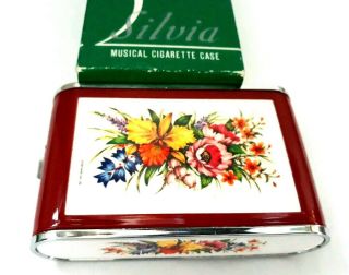 Vintage Dandy Mate Red Floral Musical Powder Compact & Cigarette Case.  Nib