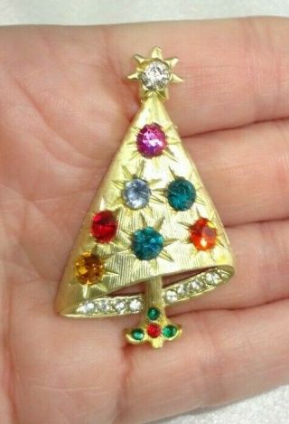 Vtg Unsigned Mylu Colorful Rhinestone Christmas Tree Brooch / Pin Book Piece