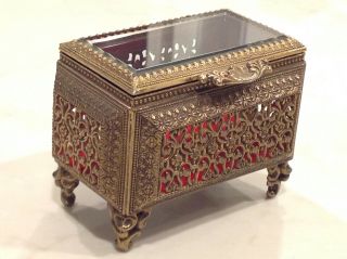 Gorgeous Vintage Gold Ormolu Casket Trinket Jewelry Box Beveled Glass Filigree