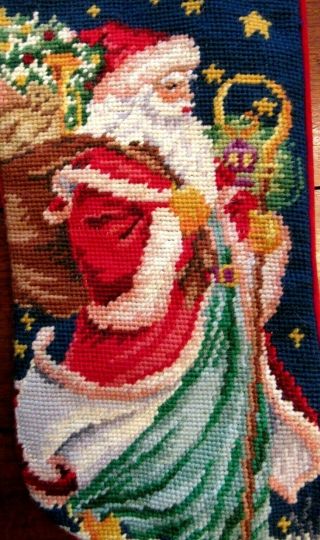 Vintage Christmas Santa Old World St Nicholas Needlepoint Stocking 19 " Wool