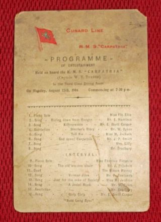 Orig.  1904 R.  M.  S.  Carpathia Cunard Line Programme Of Entertainment Card