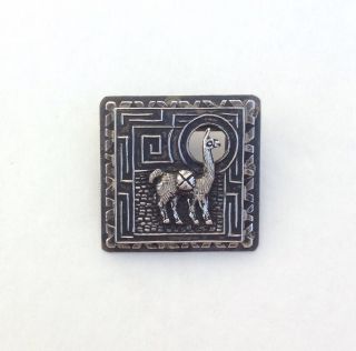 Vintage Peru Ethnic Handmade Sterling Silver Lama Folk Square Ornate Brooch Pin