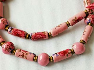 Vintage Jewellery Old Oriental Hand Painted Porcelain & Brass Bead Necklace