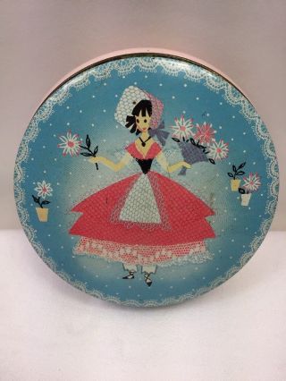 Vintage Round Tin Vanity Dresser Trinket Powder Box Mcm Pink Blue Girl Design
