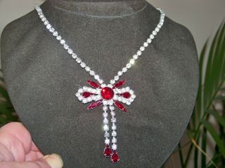 Vintage Jewellery Rich Ruby Marquise Clear Crystal Glass Cocktail Drop Necklace