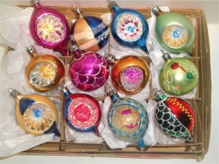 12 Fancy Poland Vintage Hand Painted Glittered Christmas Ornaments - Indents