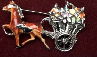 Vintage Enamelled Horse And Flower Cart Pin Brooch Decorated With Marcasites