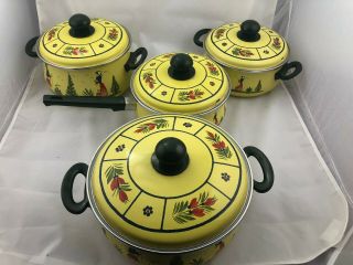 Set Of 4 Vintage Hb Quimper Enamel Pots And Pans With Lids,  Made In West Germany