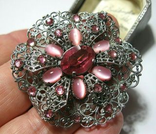 Vintage Art Deco Czech Filigree Pink Topaz Paste Crystal Jewellery Pin Brooch