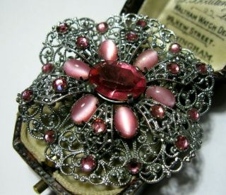 VINTAGE ART DECO Czech Filigree Pink Topaz Paste Crystal Jewellery Pin BROOCH 3