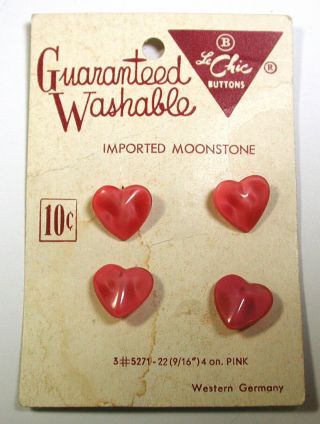 Bb Vintage Moonglow Glass Buttons On Card Pink Peaked Hearts 1/2 " Germa