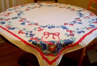 Vintage Fruit/baskets Cotton Tablecloth 46 X 48 Red White Blue Green