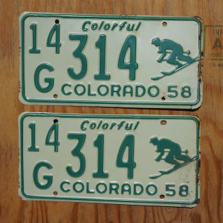 1958 Colorado Skier License Plate Pair / Set - Ski Snowboard