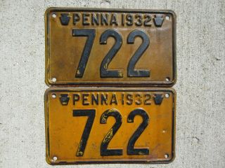 Pennsylvania 1932 License Plates Low 3 - Digit Number 722