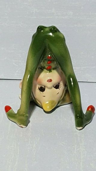 Vintage Pixie/elf Ceramic Green Girl Tumbling Christmas Figurine Japan