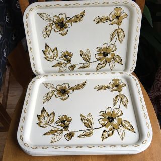 Metal Lap Tv Tray Ivory With Gold Flowers 14 " X 11 " Vintage Mcm Set Of 8