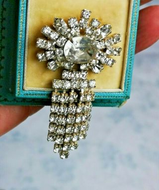 Vintage Jewellery Elegant Silver Tone Clear Paste Glass Crystal Tassel Brooch