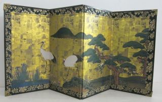 Cranes In Japanese Landscape Vtg Miniature 4 Panel Table Top Folding Screen 9x18