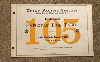 1926 Union Pacific Railroad Up System Employee Timetable Nebraska Division 105