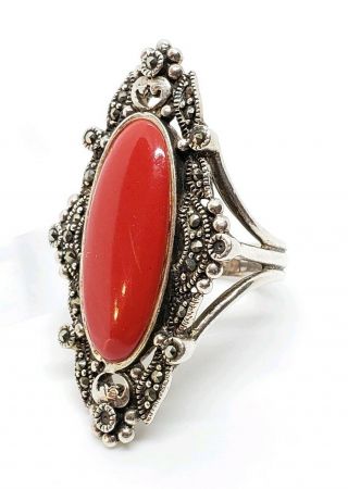 Chunky Vintage Signed 925 Sterling Silver Marcasite Red Art Glass Cocktail Ring