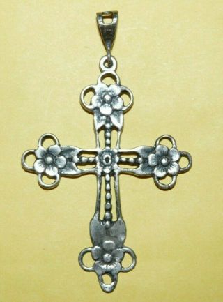 Vtg Designer " 925 " Sterling Silver Ornate Floral Design Cross Pendant Signed Nf