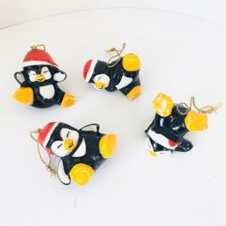 Set Of 4 Vintage Christmas Tree Ornaments Ceramic Playful Penguins Figurines 2”