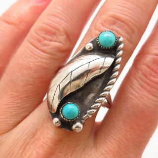 Old Pawn Vintage 925 Sterling Silver Fox Turquoise Gem Leaf Design Tribal Ring