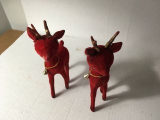 Set Of 2 Vintage Red Flocked Reindeer Christmas Deer Figures With Bells
