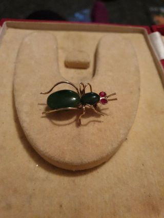 Vintage Art Deco Green Agate And Paste Glass Bug Beetle Brooch Pin