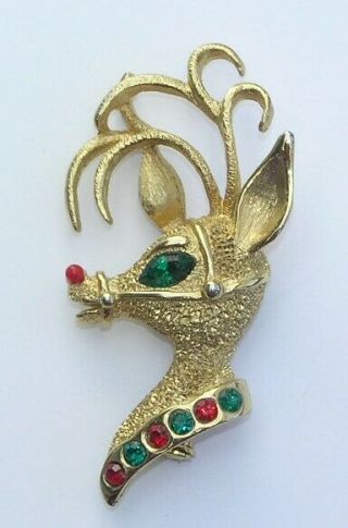Vintage Christmas Pin Brooch Rudolph Reindeer Rhinestones Gold Tone Signed Mylu