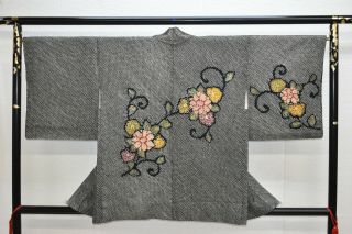 Vintage Silk Kimono Jacket:fully Shibori Black Chrysanthemum@ys76