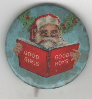 Vintage Santa Claus Reading Good Girls & Boys Book W/ Christmas Wreath Pin