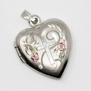 Vintage Sterling Silver Cross Heart Photo Locket Pendant (opens)