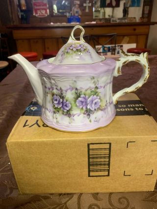 Vintage Hand - Painted Purple Flowers Violets Musical Tea Pot Fur Elise Stunning
