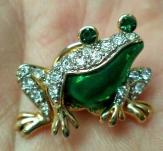 Stunning Vintage Estate Enameled Rhinestone Frog 1 " Pin Brooch 2619b
