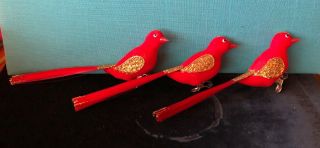 3 Vintage Red Flocked Christmas Birds Clip On Ornaments Japan