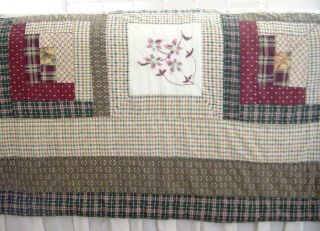 Vtg Hand & Machine Stitched Log Cabin Embroidered Flowers Cotton Quilt 92x82 3