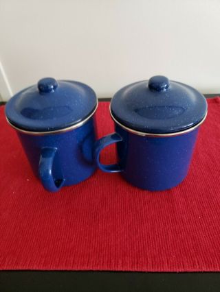 Vintage 2 Blue Speckled Enamel Coffee Cups With Lids Backpacking Camping