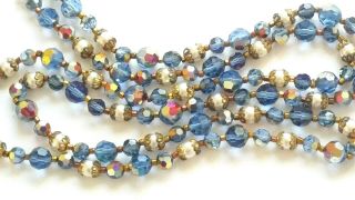 Czech Vintage Long Blue Aurora Borealis Faceted Glass Bead Necklace